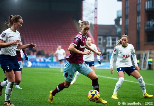 Kerys Harrop and Shelina Zadorsky defend as West Ham's Brynjarsdóttir has the ball. Image from Girls on the Ball